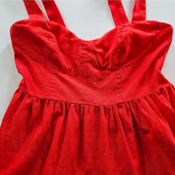 Lulu's Tier-ly Delightful Linen Blend Red Tie-Strap Tiered Bustier Mini Dress S - Picture 7 of 12